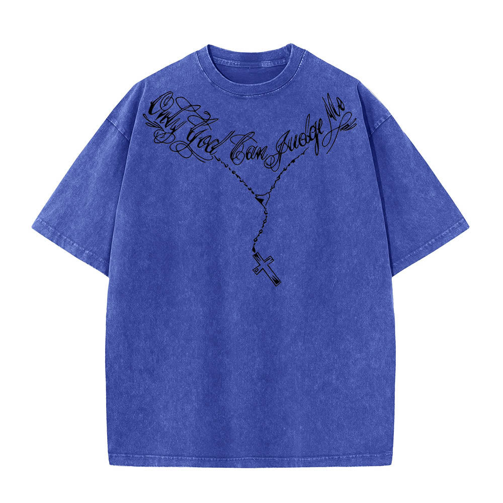 Christianartworkshop Front Cursive Slogan Rosary Cross Chain Back Thorn Crown Praying Jesus Line Washed T鈥慡hirt