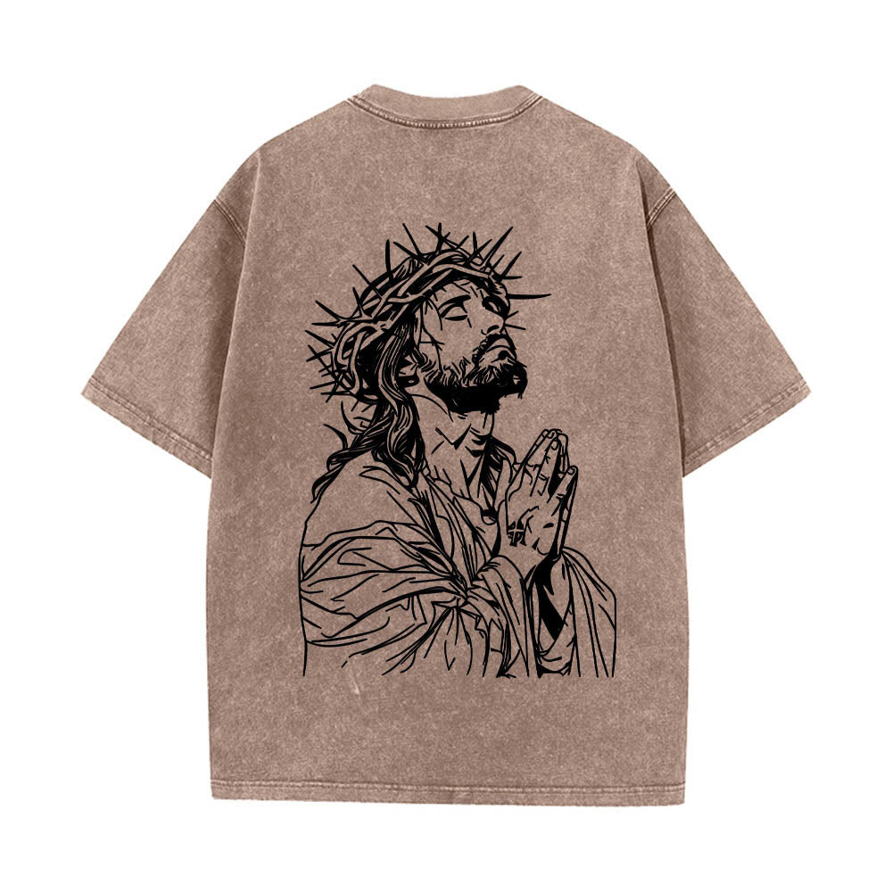 Christianartworkshop Front Cursive Slogan Rosary Cross Chain Back Thorn Crown Praying Jesus Line Washed T鈥慡hirt