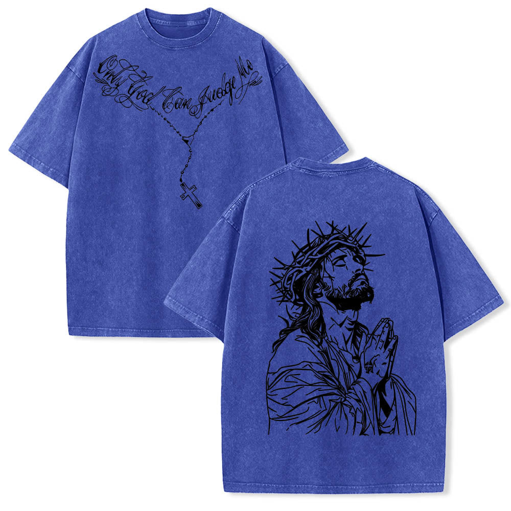 Christianartworkshop Front Cursive Slogan Rosary Cross Chain Back Thorn Crown Praying Jesus Line Washed T鈥慡hirt