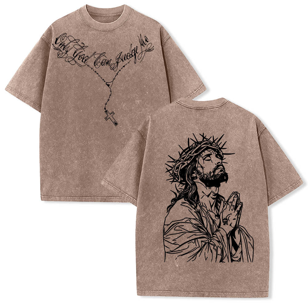 Christianartworkshop Front Cursive Slogan Rosary Cross Chain Back Thorn Crown Praying Jesus Line Washed T鈥慡hirt