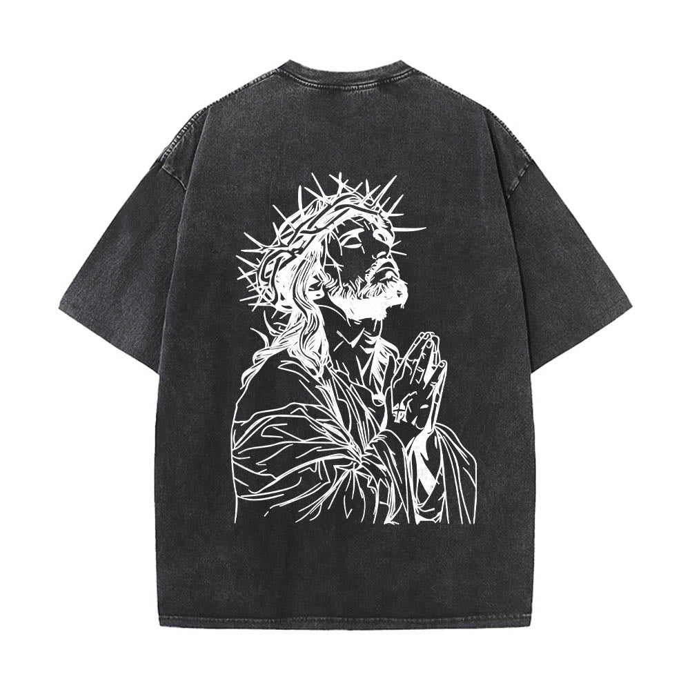 Christianartworkshop Front Cursive Slogan Rosary Cross Chain Back Thorn Crown Praying Jesus Line Washed T鈥慡hirt