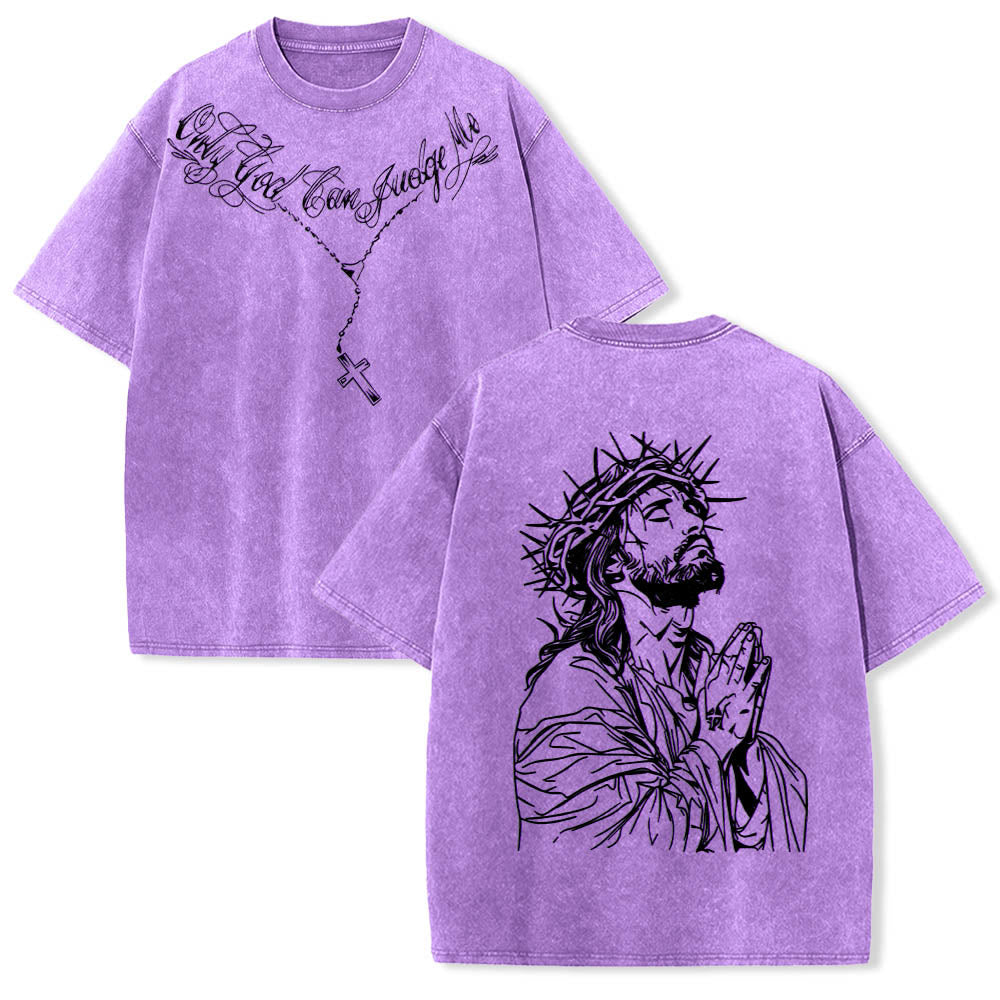 Christianartworkshop Front Cursive Slogan Rosary Cross Chain Back Thorn Crown Praying Jesus Line Washed T鈥慡hirt