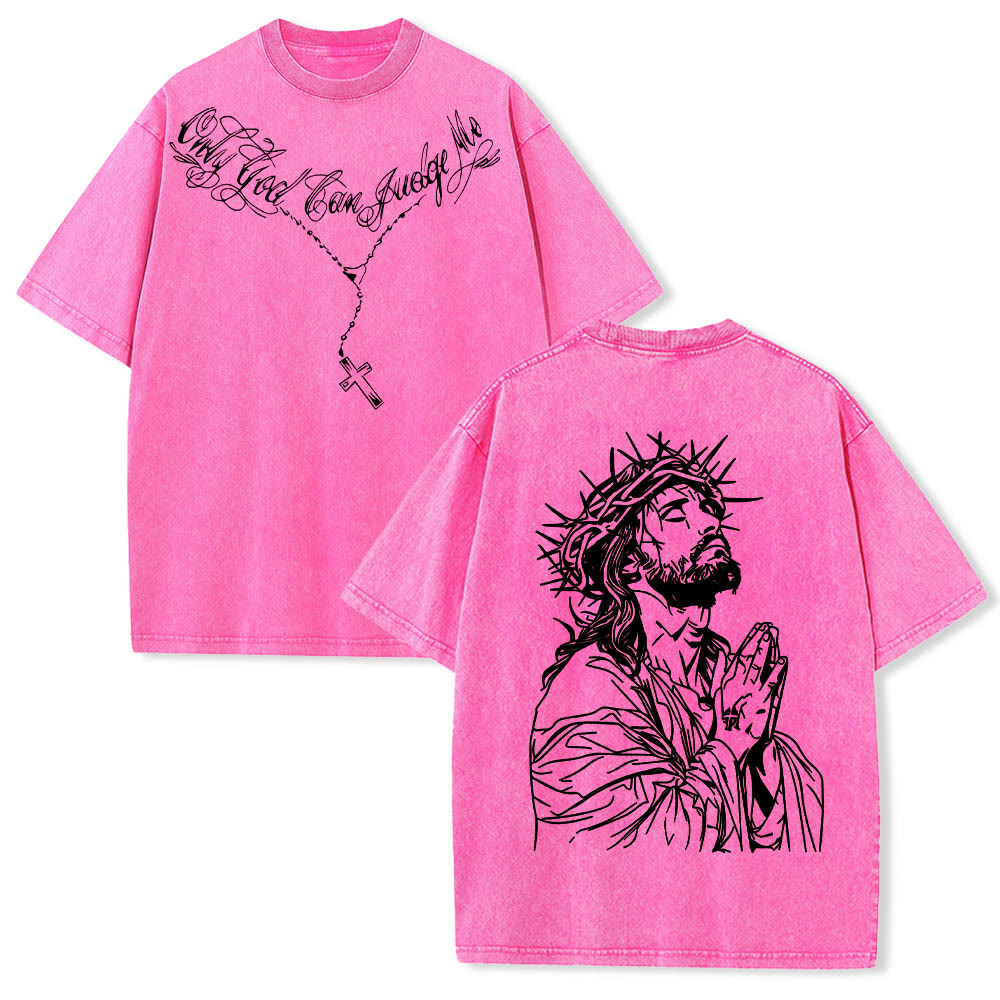 Christianartworkshop Front Cursive Slogan Rosary Cross Chain Back Thorn Crown Praying Jesus Line Washed T鈥慡hirt
