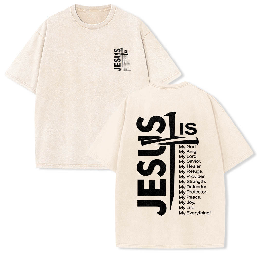 Christianartworkshop Front Mini Emblem Back Large Jesus Cross Attribute List Dual-Side Print Washed T鈥慡hirt