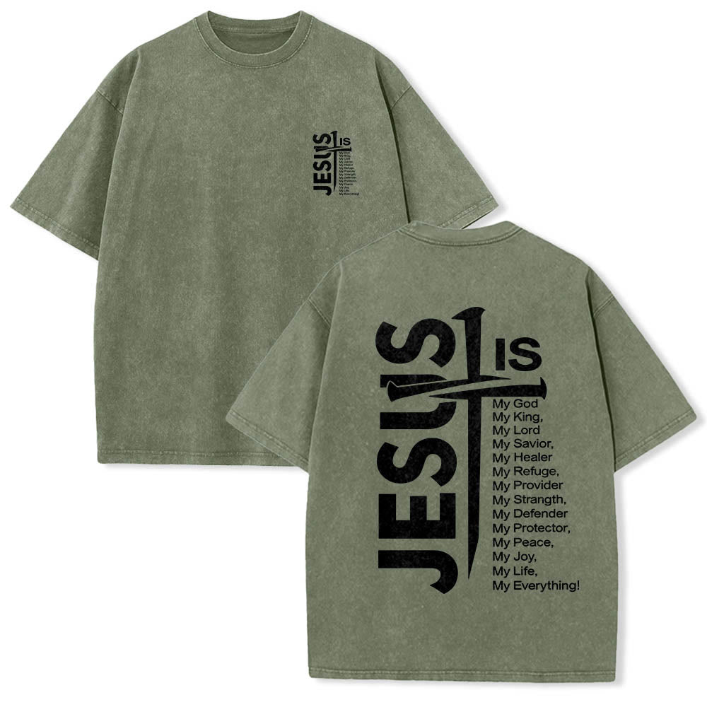 Christianartworkshop Front Mini Emblem Back Large Jesus Cross Attribute List Dual-Side Print Washed T鈥慡hirt