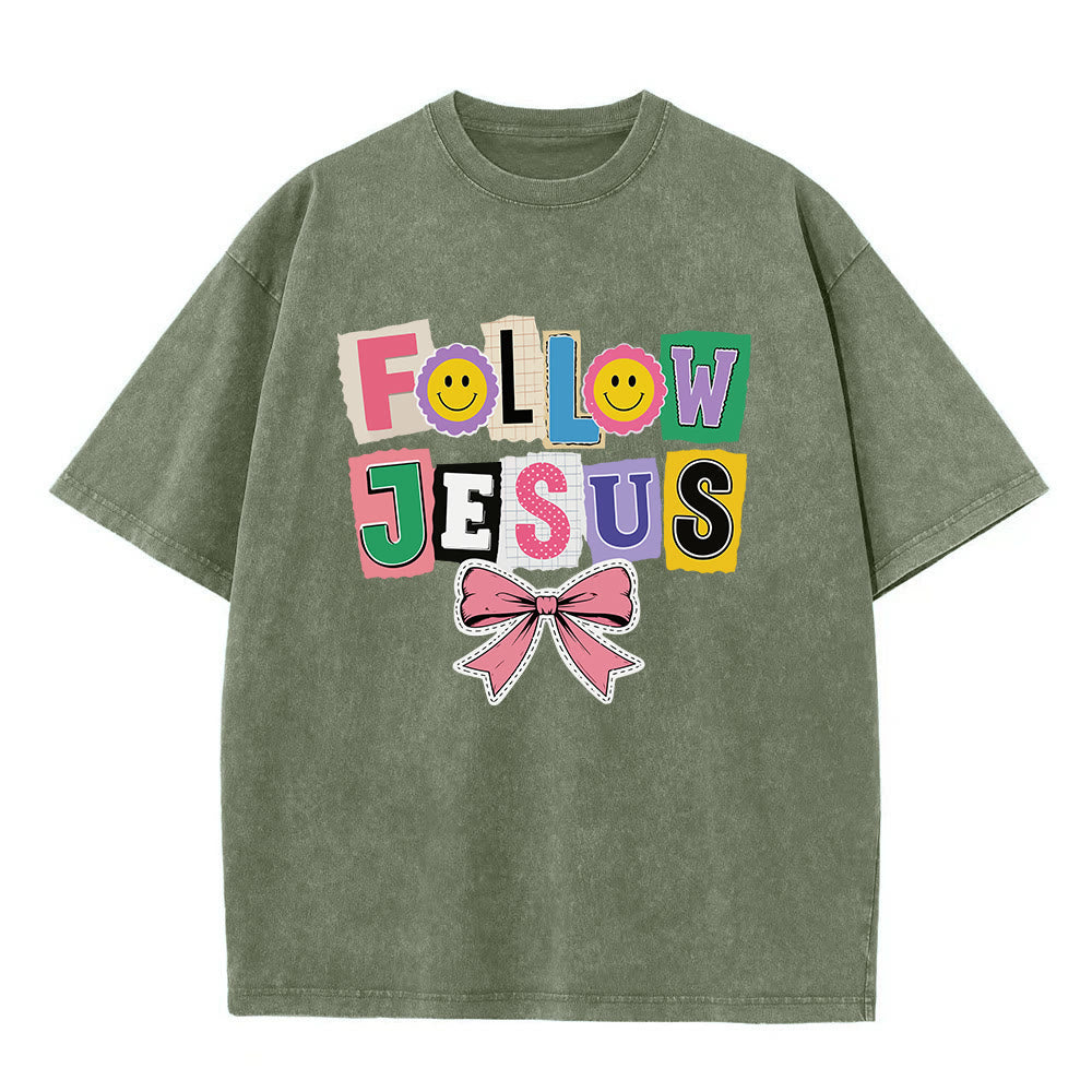 Christianartworkshop Scrapbook Letter Follow Jesus Smiley Embellishment Bow Ornament Washed T鈥慡hirt