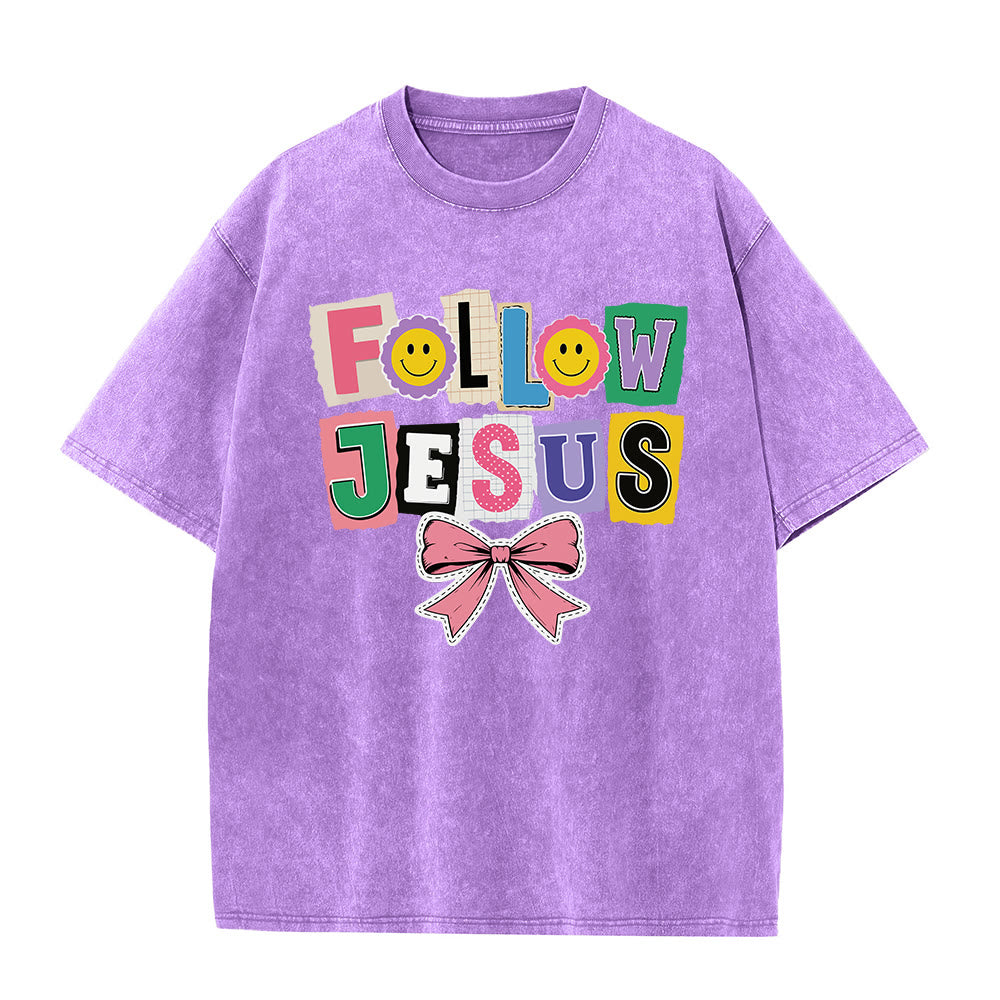 Christianartworkshop Scrapbook Letter Follow Jesus Smiley Embellishment Bow Ornament Washed T鈥慡hirt
