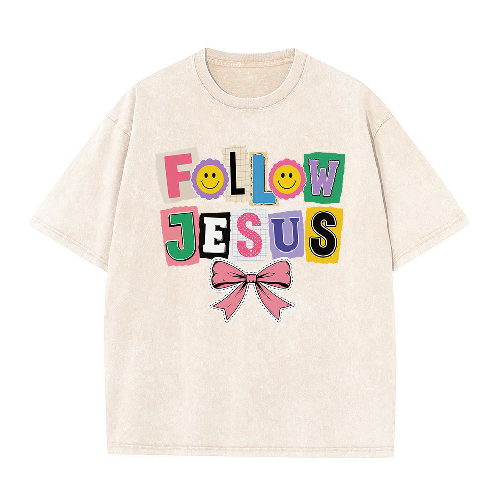 Christianartworkshop Scrapbook Letter Follow Jesus Smiley Embellishment Bow Ornament Washed T鈥慡hirt