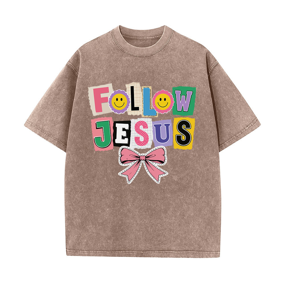 Christianartworkshop Scrapbook Letter Follow Jesus Smiley Embellishment Bow Ornament Washed T鈥慡hirt