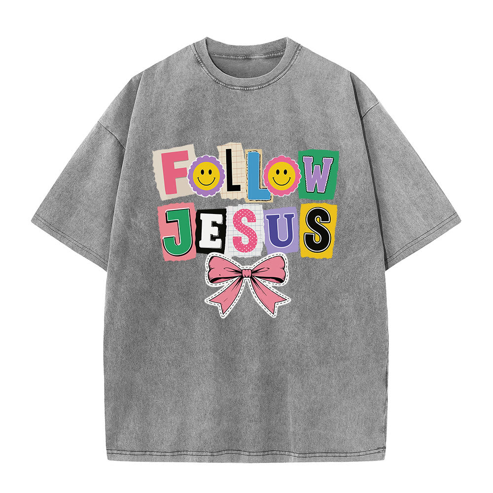 Christianartworkshop Scrapbook Letter Follow Jesus Smiley Embellishment Bow Ornament Washed T鈥慡hirt