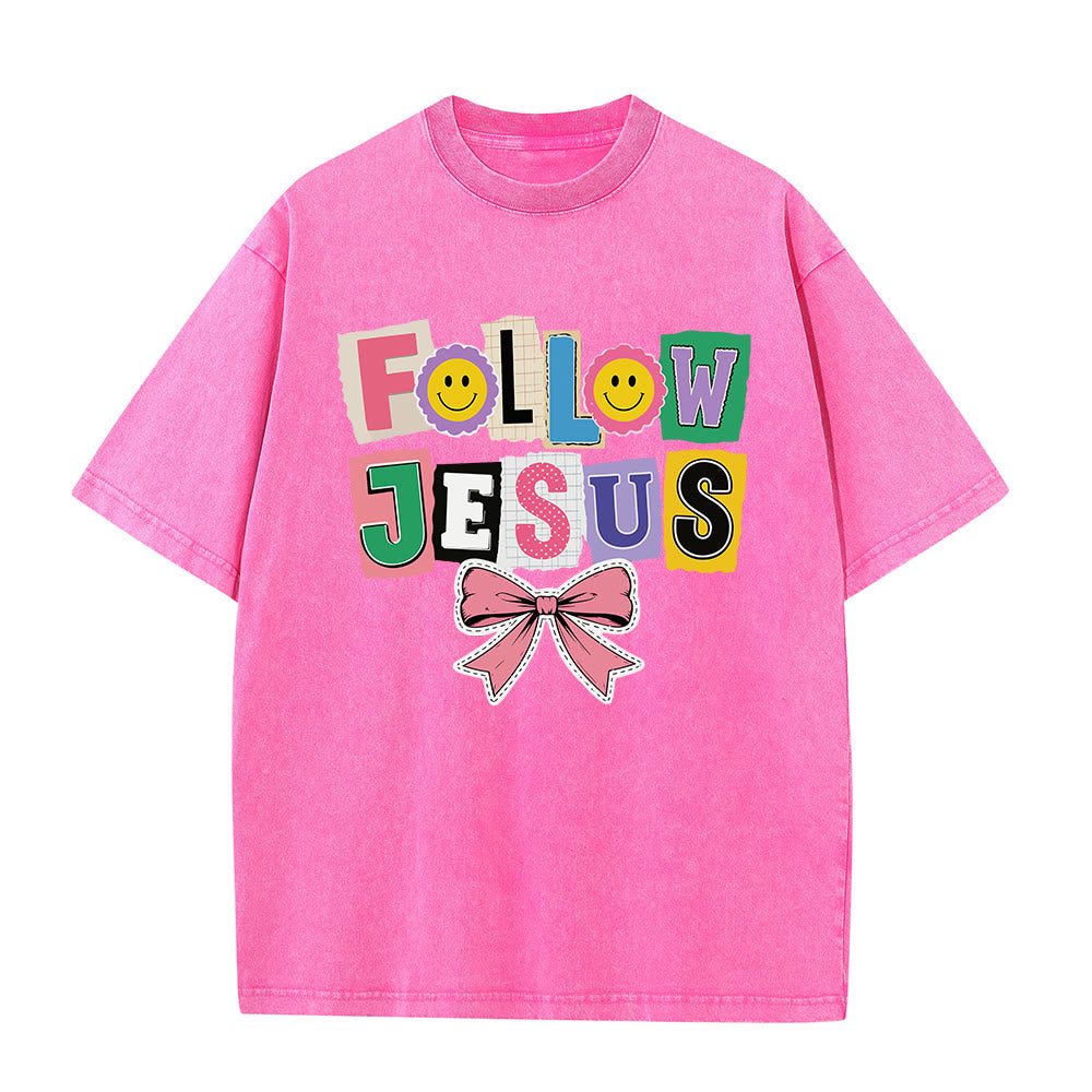 Christianartworkshop Scrapbook Letter Follow Jesus Smiley Embellishment Bow Ornament Washed T鈥慡hirt