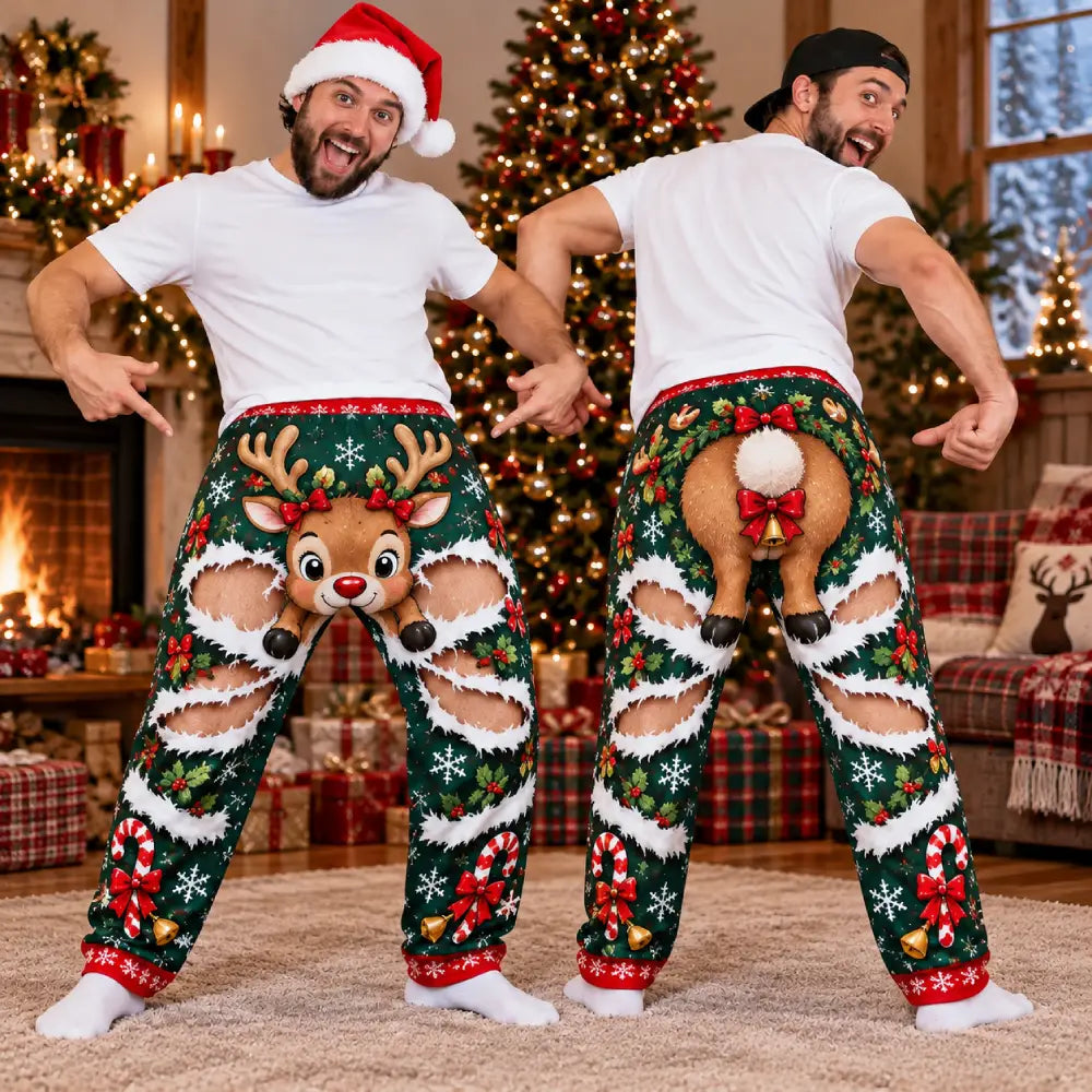 Funny 3D Reindeer Christmas Pajama Pants – Personalized Skin Tone Print