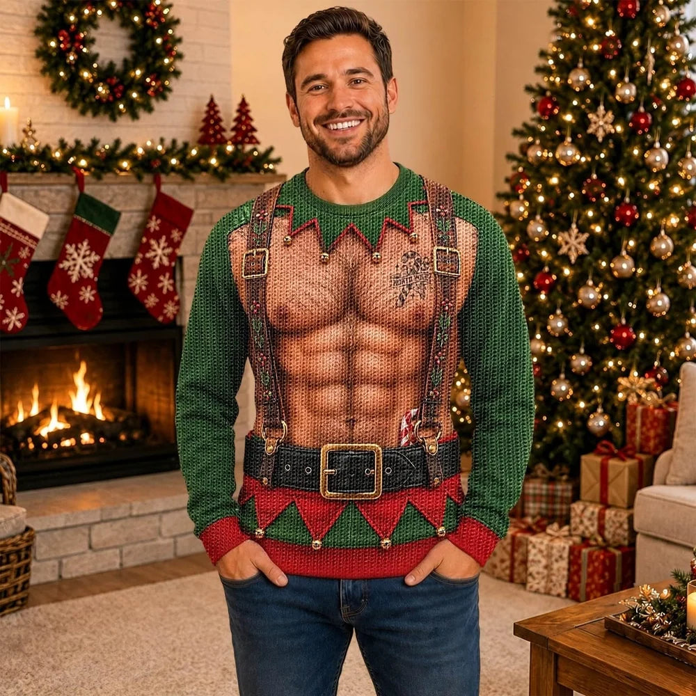 Funny Christmas Elf Sweater for Men, Optical Illusion Ugly Christmas Sweater, Fake Abs & Belt Design, Novelty Holiday Party Gift