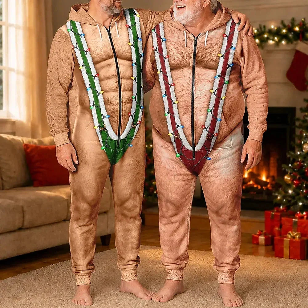 Funny Santa Hairy Body Gifts For Husband Dad Grandpa Brother - Personalized Overall Onesie Hooded Jumpsuit