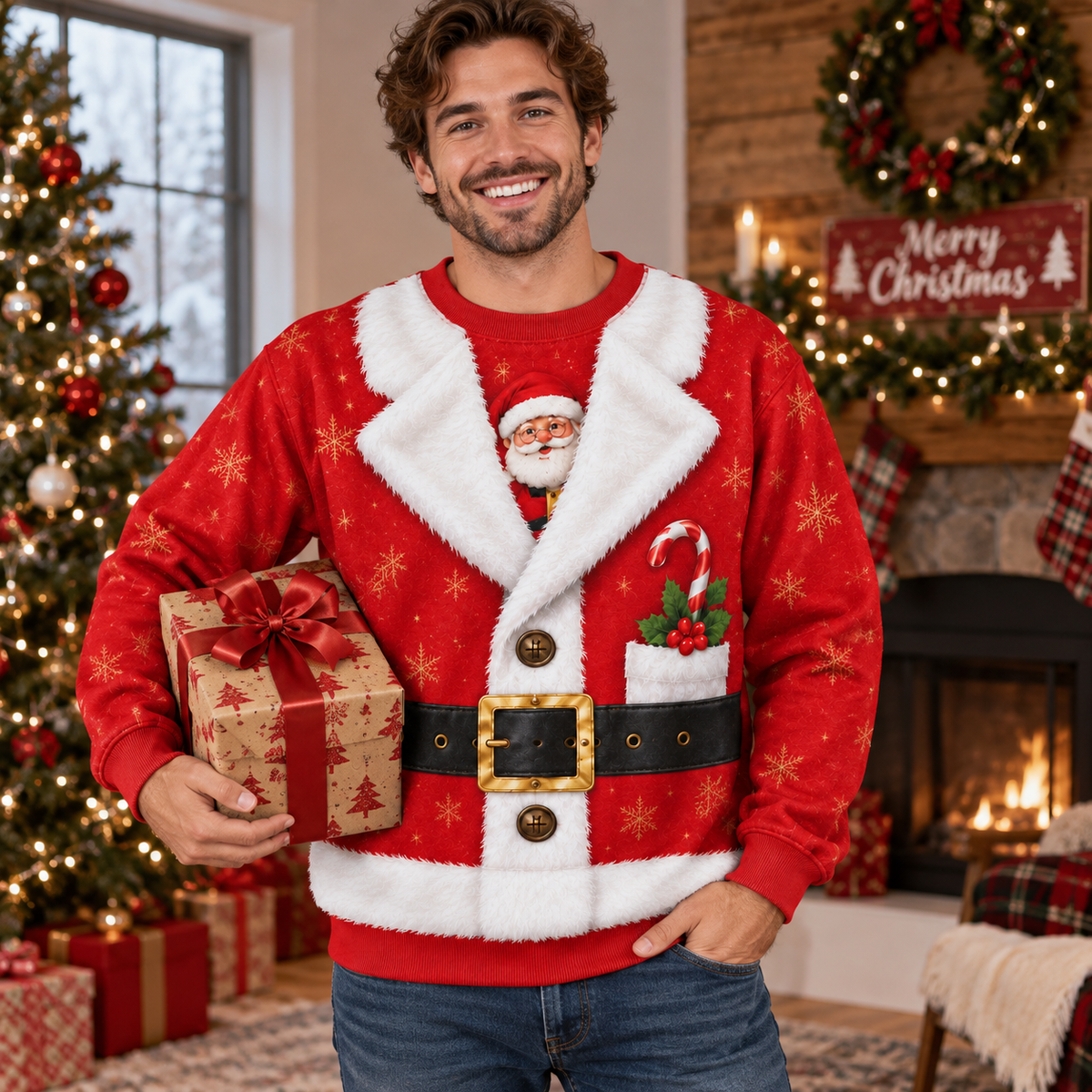 Unisex Santa Claus Christmas Sweatshirt – Festive Snowflake Print, Faux Fur Trim & Santa Belt Holiday Pullover