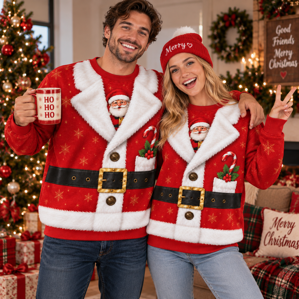 Unisex Santa Claus Christmas Sweatshirt – Festive Snowflake Print, Faux Fur Trim & Santa Belt Holiday Pullover