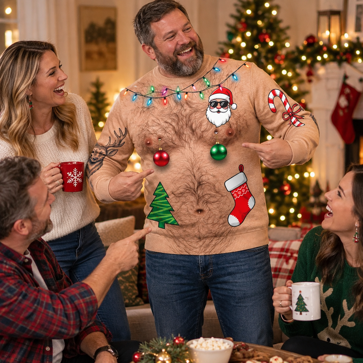 Custom Skin Tone Reindeer Hairy Chest Ugly Christmas Sweater – Funny Body Illusion Holiday Sweatshirt
