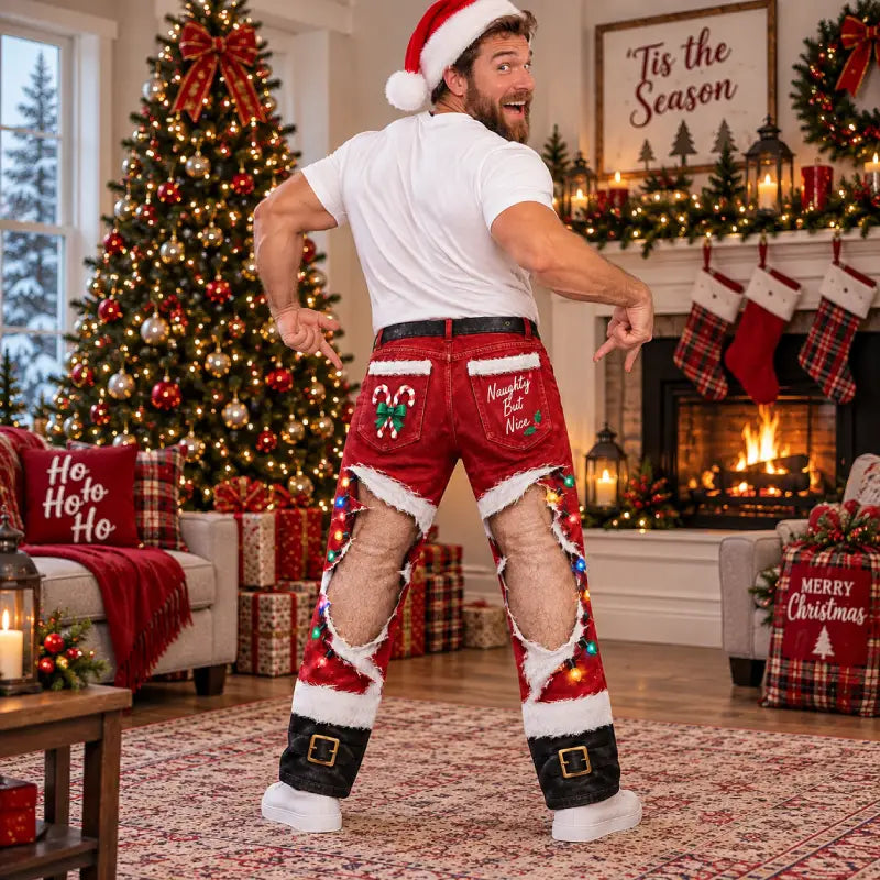 Funny Santa Ripped Illusion Christmas Pajama Pants – Naughty But Nice Holiday Lounge Pants