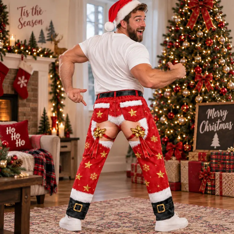 Funny Santa Ripped Illusion Christmas Pajama Pants – Faux Belt Holiday Lounge Pants
