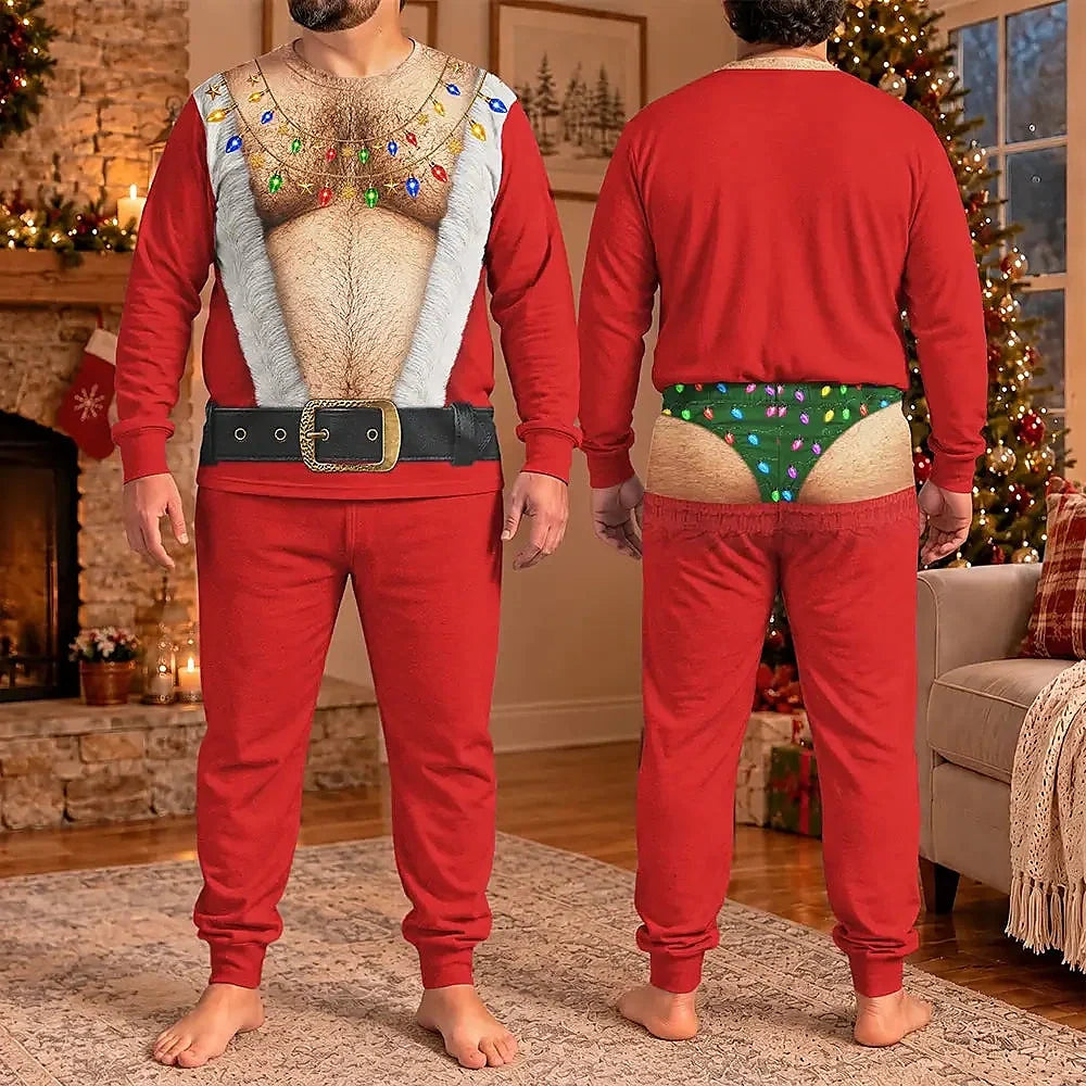Christmas Funny Hairy Chest Santa Elf - Personalized Unisex Pajamas Set