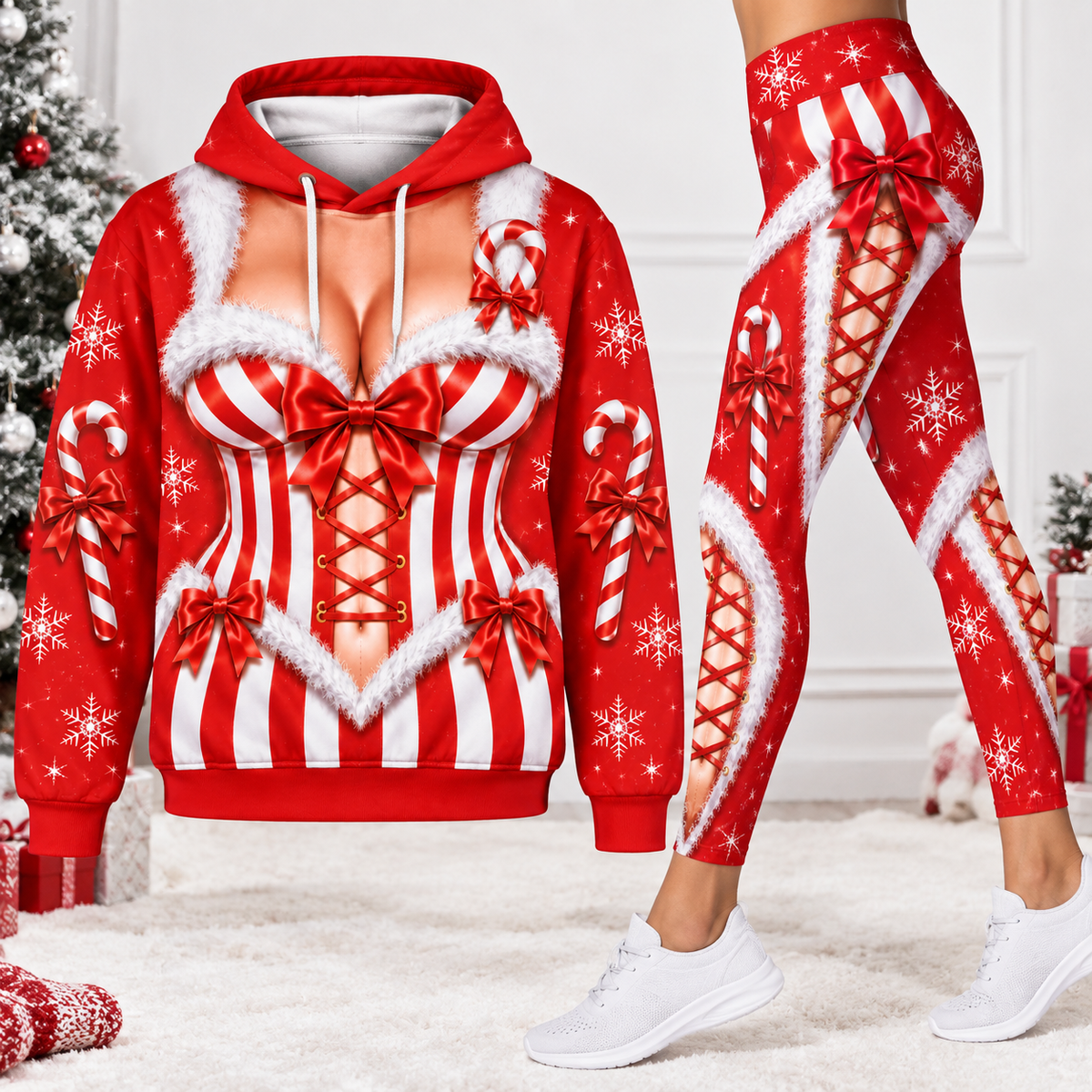 Christmas Candy Cane Corset Illusion Hoodie & Leggings Set