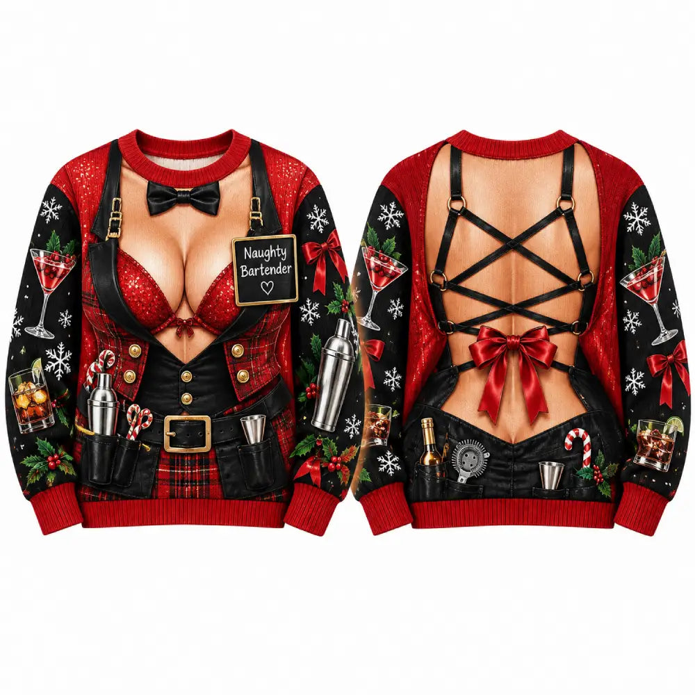 Naughty Bartender Christmas Sweater – Funny 3D Illusion Print