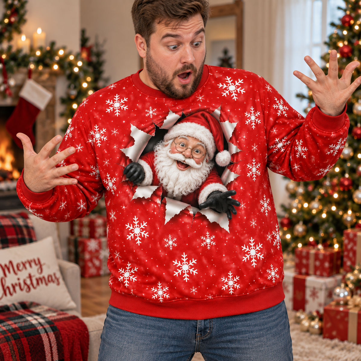 Funny 3D Santa Christmas Sweatshirt – Optical Illusion Crewneck
