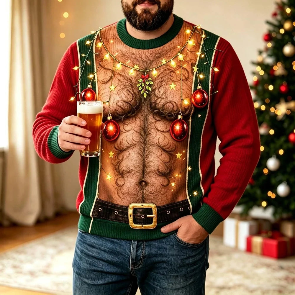 Funny Christmas Sweater for Men, Optical Illusion Christmas Lights Sweater, Fake Open Chest & Belt Design, Novelty Ugly Christmas Sweater