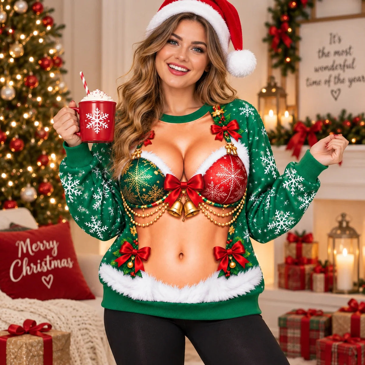 Women’s Funny Christmas Trompe-L’oeil 3D Body Print Sweatshirt – Playful Snowflake Holiday Crewneck