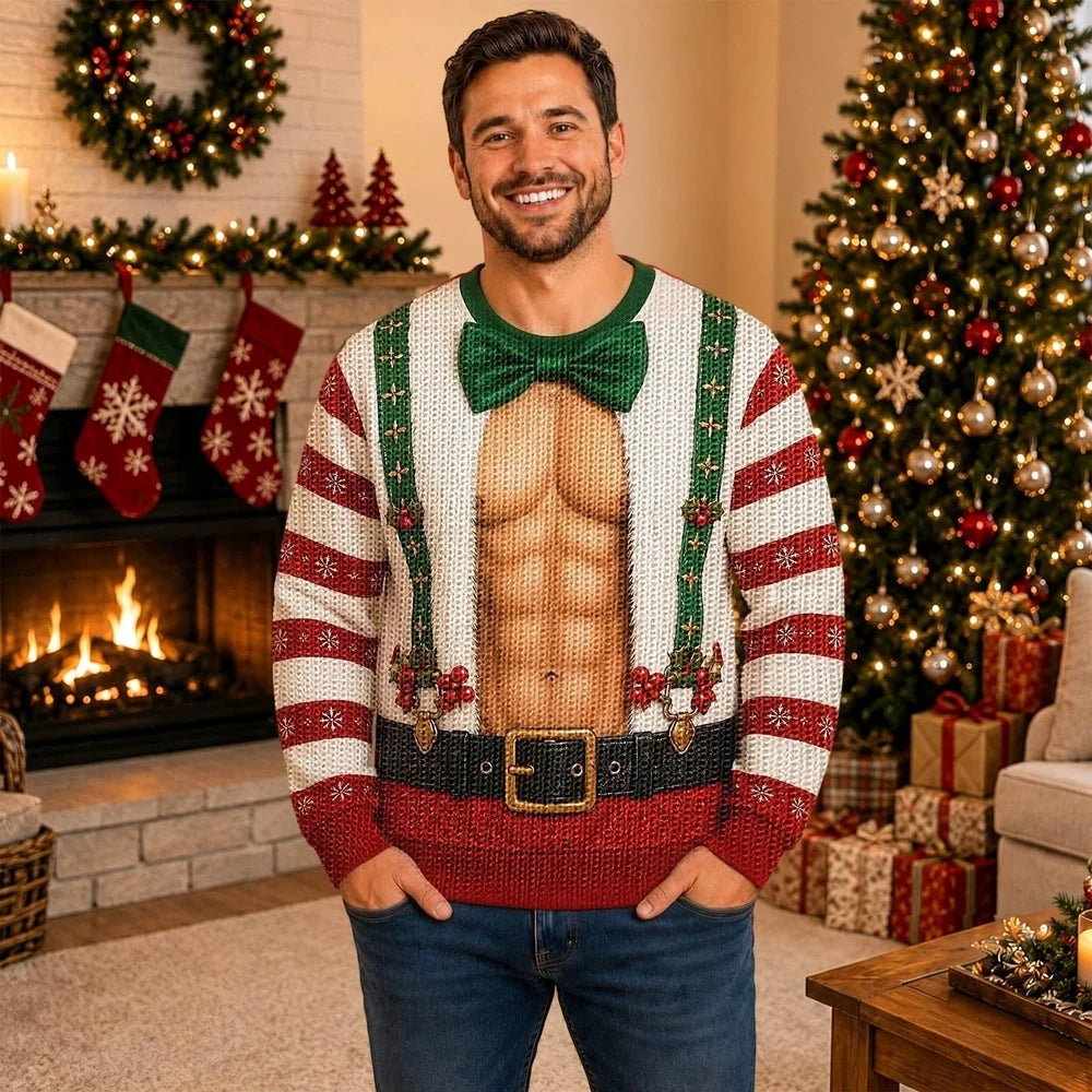 Funny Christmas Sweater for Men, Optical Illusion Santa Sweater, Fake Abs & Belt Design, Novelty Ugly Christmas Sweater