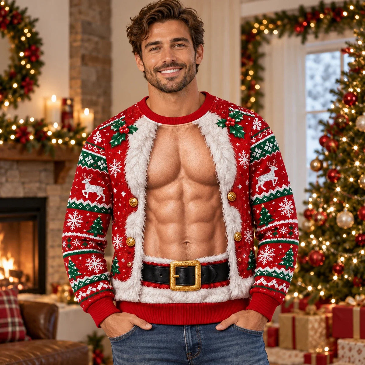 Men's Funny Christmas Ugly Sweater – 3D Muscular Santa Six Pack Print Crewneck Sweatshirt