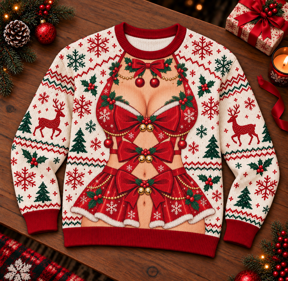 Custom Skin Tone Christmas Sweater – Plaid Bustier Bow Print