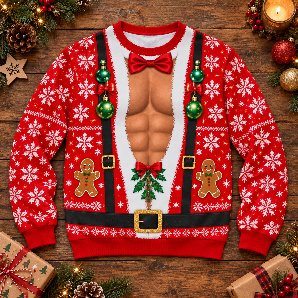 Funny Santa Couple Body Illusion Christmas Sweaters – Matching His & Hers Holiday Party Knitwear