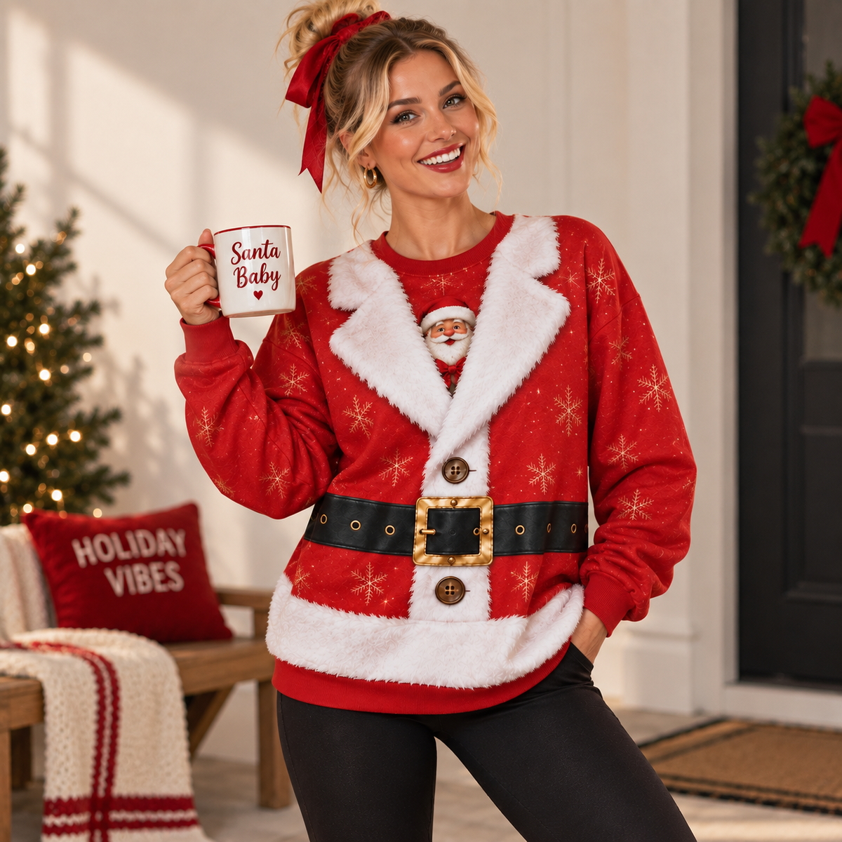 Unisex Santa Claus Christmas Sweatshirt – Festive Snowflake Print, Faux Fur Trim & Santa Belt Holiday Pullover