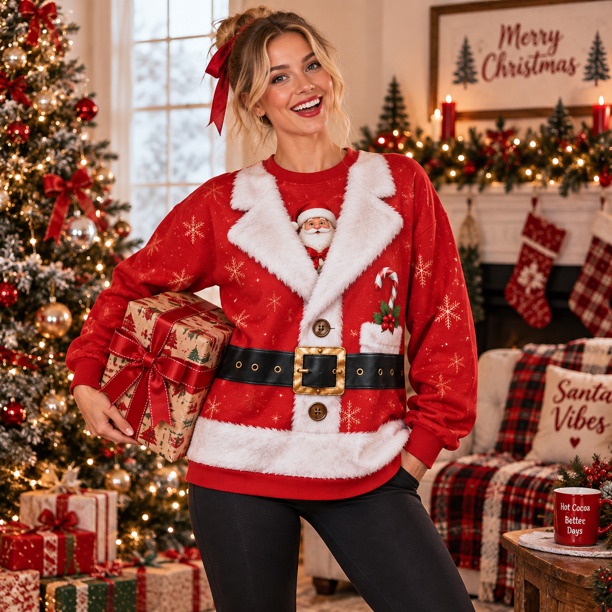 Unisex Santa Claus Christmas Sweatshirt – Festive Snowflake Print, Faux Fur Trim & Santa Belt Holiday Pullover