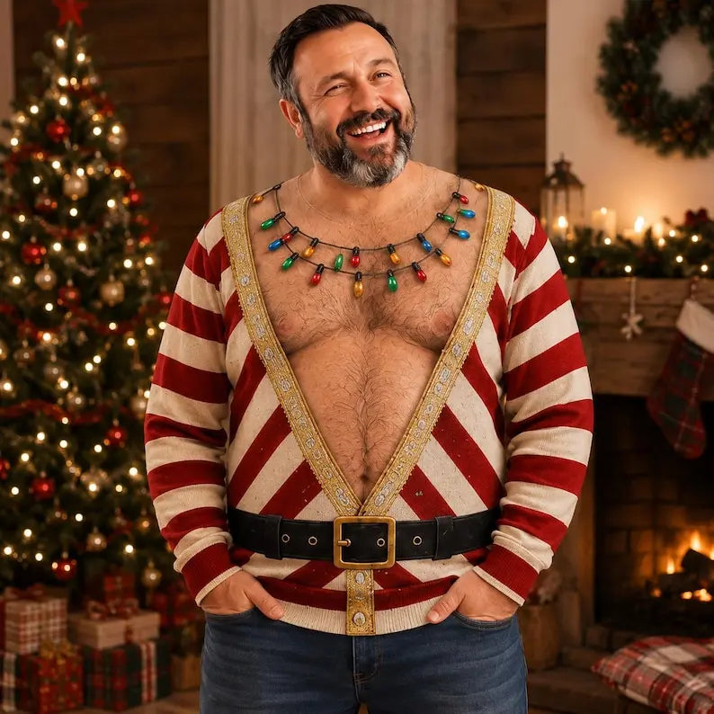 Funny Hairy Chest & Six-Pack Abs Ugly Christmas Sweater – Santa Belt Holiday Party Sweatshirt