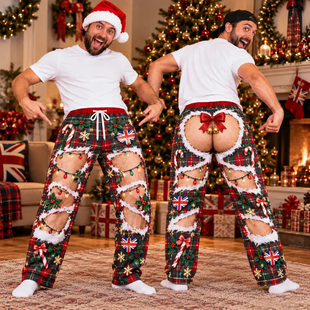 Funny British Christmas Pajama Pants – 3D Skin Illusion Print, Personalized Skin Tone