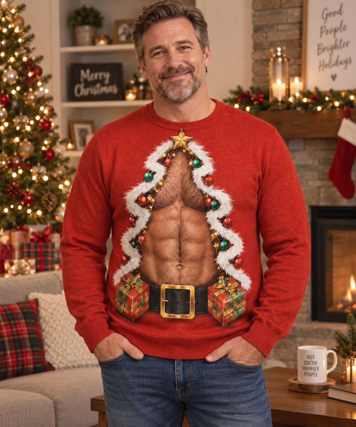 Custom Skin Tone Christmas Body Illusion Sweatshirt – Printed Holiday Muscle Sweater