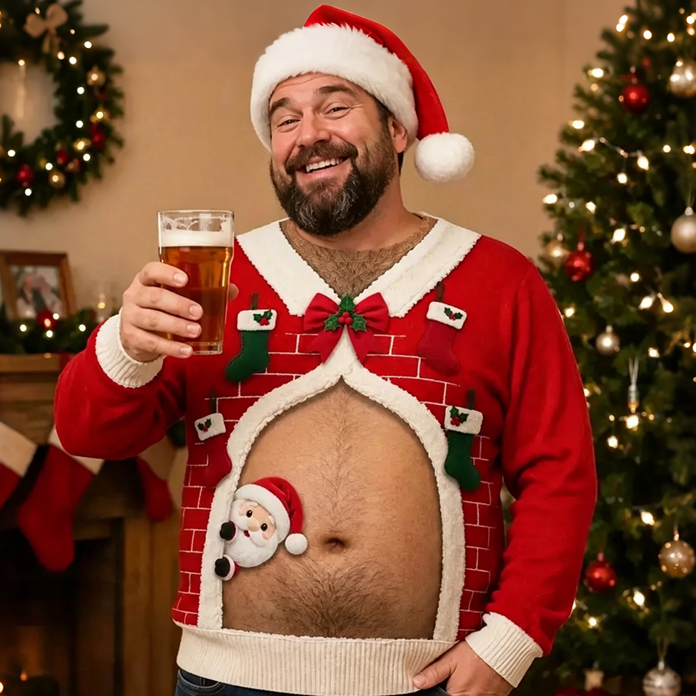 Funny Santa Hairy Chest & Belly Ugly Christmas Sweater – Body Illusion Holiday Sweatshirt