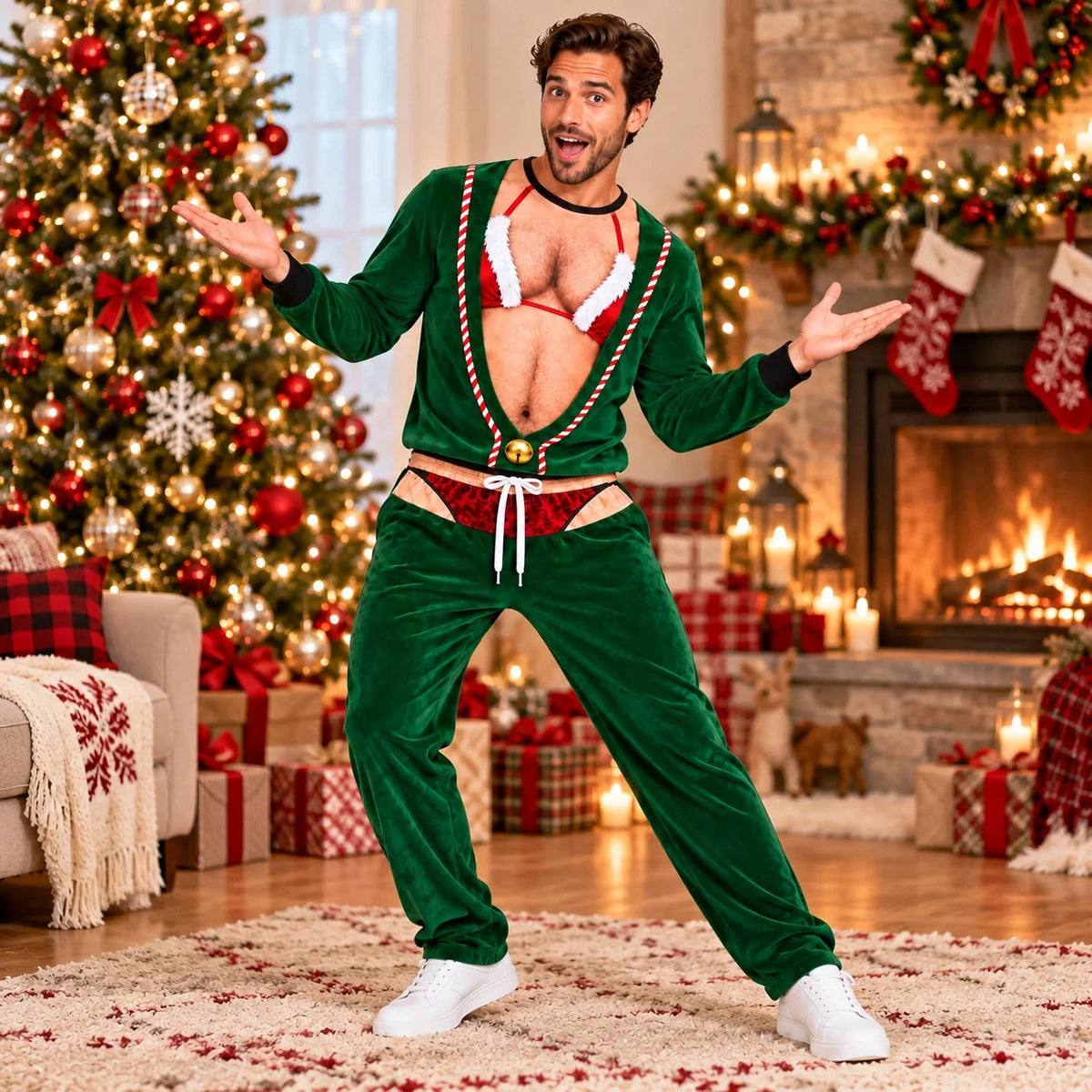 Men's Funny Christmas Pajama Set – Green Jingle Balls Print Holiday Lounge Outfit