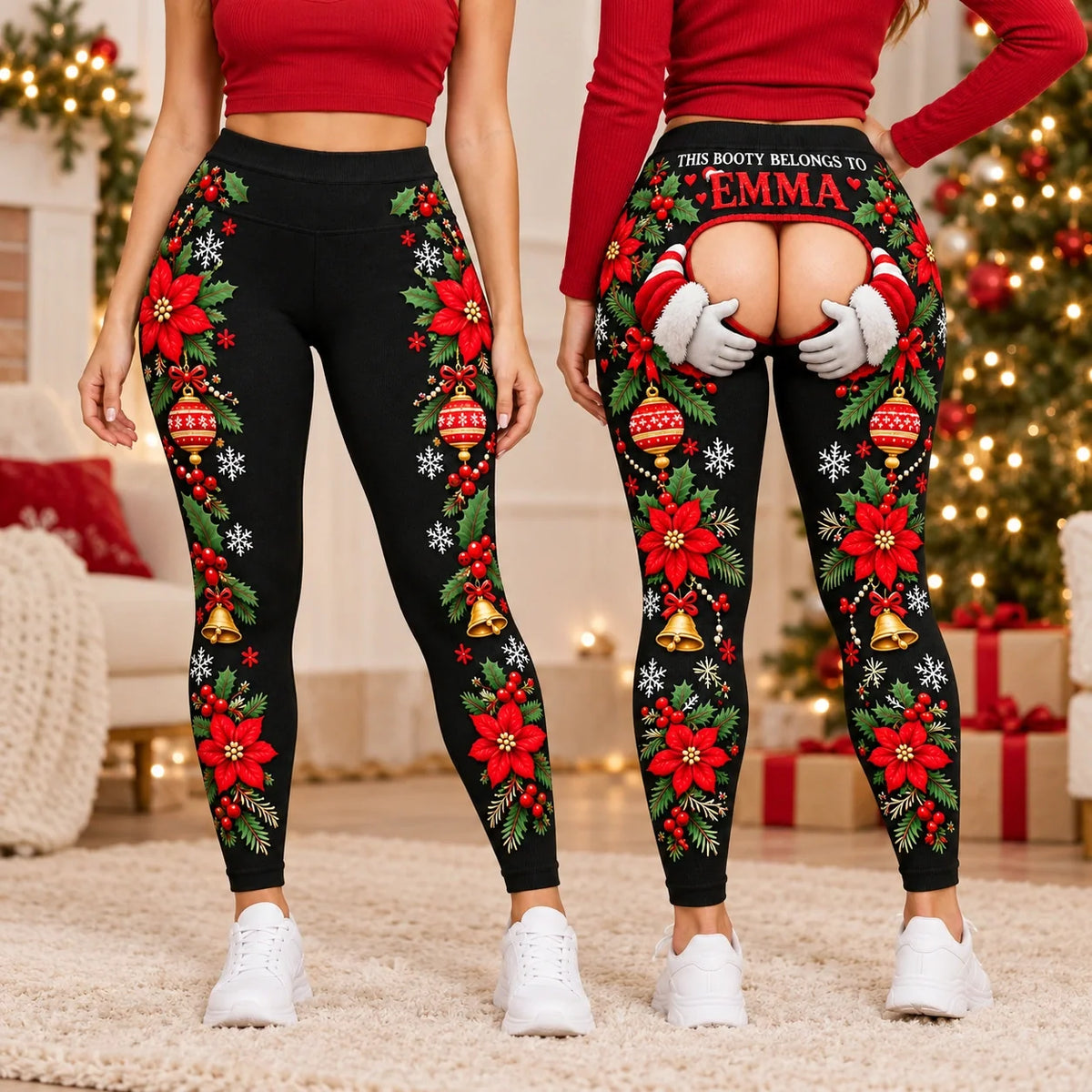 Women's Funny Christmas Faux Skin Print Leggings – Santa Claus Holiday Graphic High Waisted Stretchy Skinny Pants