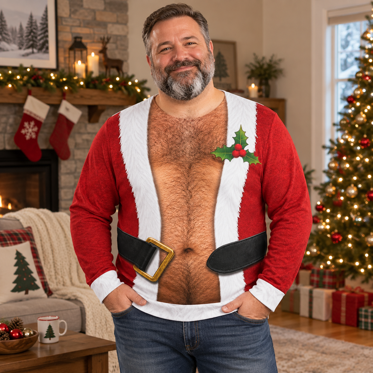 Custom Skin Tone Santa Hairy Chest Ugly Christmas Sweater – Funny Open Suit Body Illusion Sweatshirt