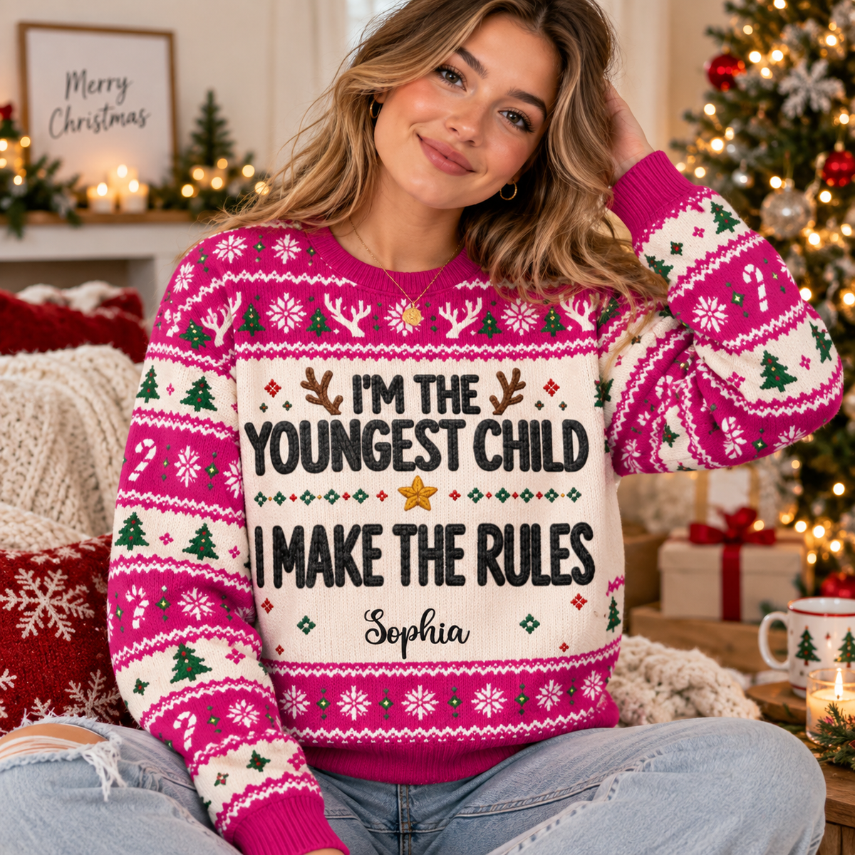 Custom Name Funny Christmas Sibling Gifts for Kids - Personalized Ugly Sweater