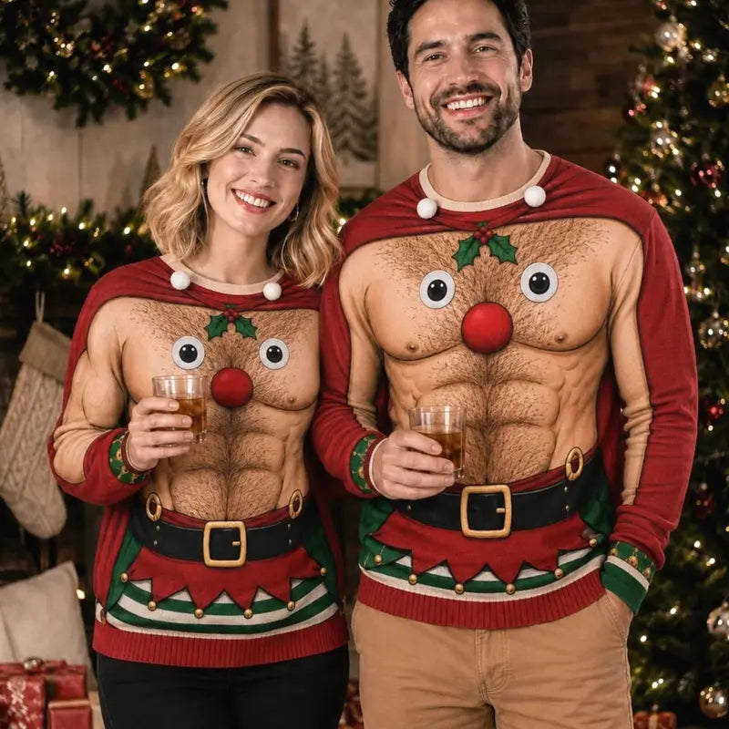 Funny Reindeer Hairy Chest Ugly Christmas Sweater – Printed Holiday Party Sweatshirt