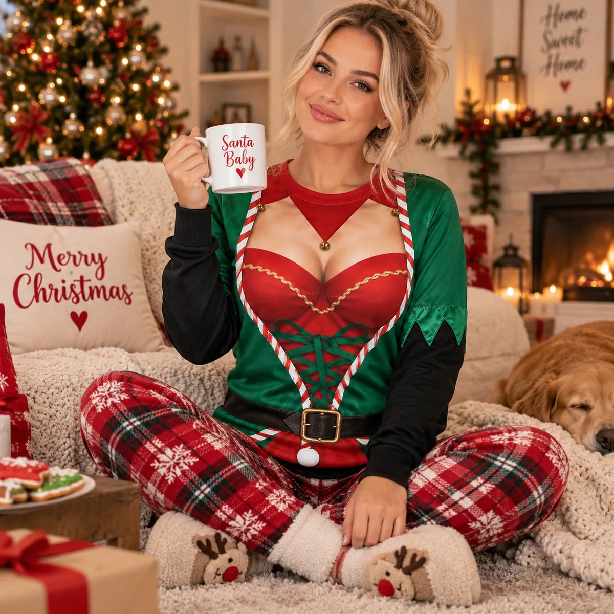 Women's Christmas Elf Print Sweatshirt, Festive Holiday Pullover