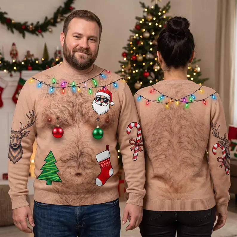 Custom Skin Tone Reindeer Hairy Chest Ugly Christmas Sweater – Funny Body Illusion Holiday Sweatshirt