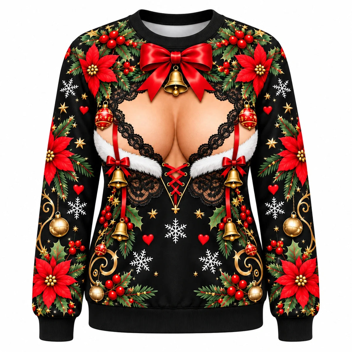 Women's Sexy Christmas Faux Skin Print 2-Piece Set – Funny Lace Illusion Sweatshirt & Leggings