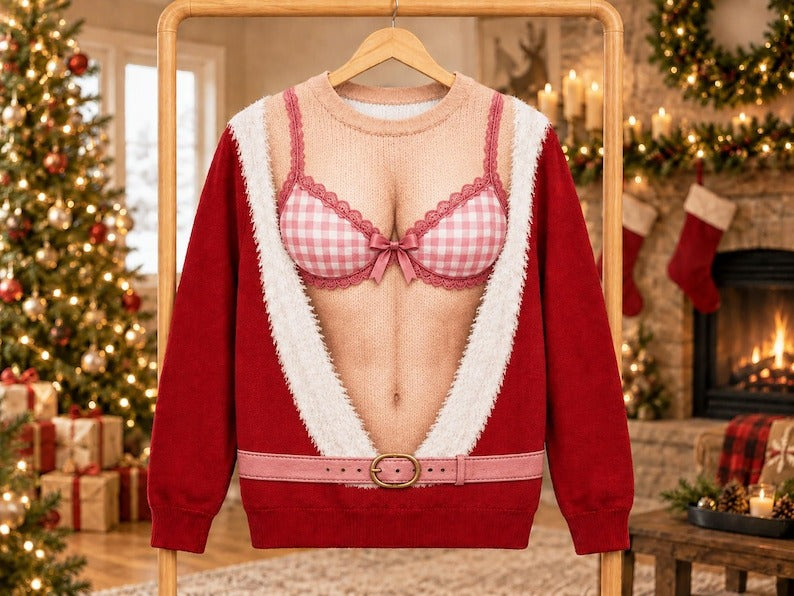 Funny Hairy Chest Ugly Christmas Sweater, Fake Abs Santa Holiday Party Sweatshirt, Hilarious Novelty Christmas Pullover for Men, Xmas Gift