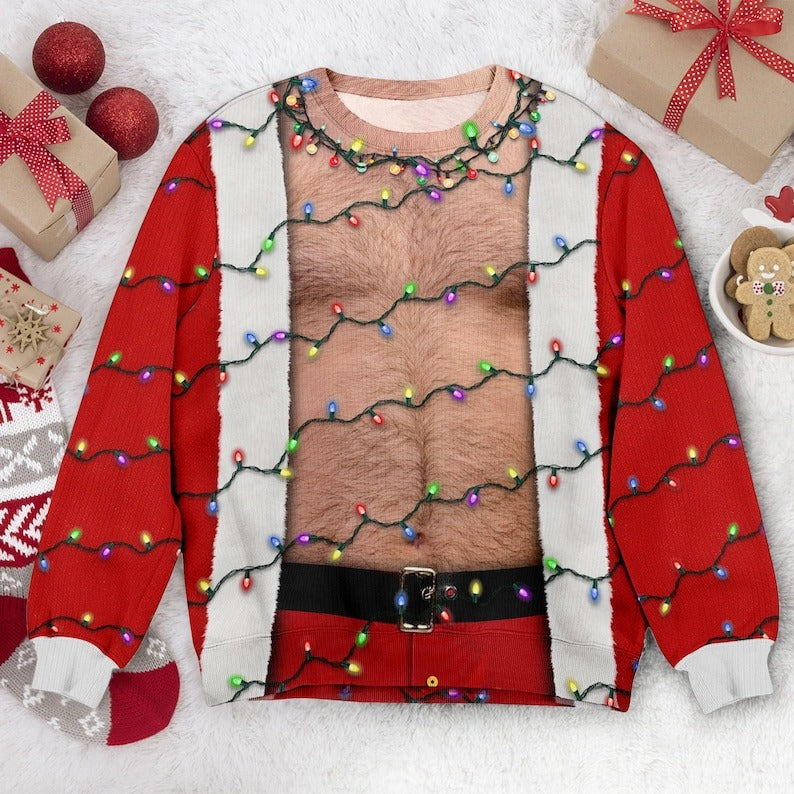 Funny Hairy Chest Santa Sweater – Ugly Christmas Party Sweatshirt