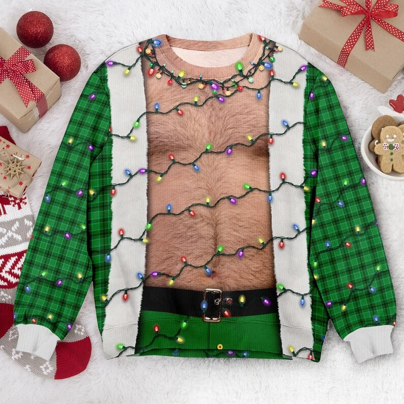 Funny Hairy Chest Santa Sweater – Ugly Christmas Party Sweatshirt